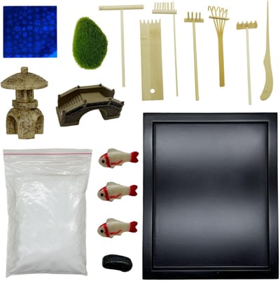 Allecto - Zen Tuin Kit - Japanse Zen Tuin - DIY Mini Rock Tuin - 21,5 x 17,5 cm - Meditatie Ornamenten - Decoratie voor Thuis - Geschikt voor Volwa...