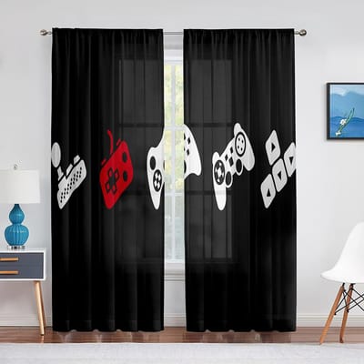 Jongens Gamer Tule Gordijnen voor Woonkamer Decoratie Gaming Controller Videogame voor Kinderen Transparant Voile Gordijn Raamgordijnen Jaloezieën 1 PCS W100XH250cm&Grommet Top
