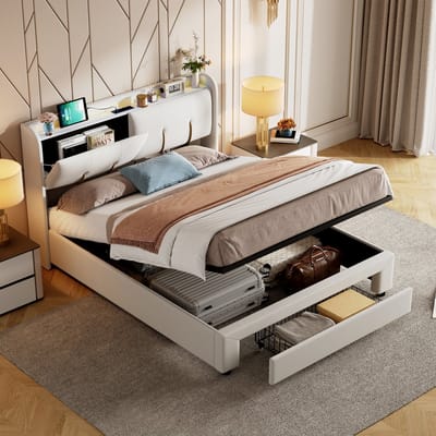 Fluwelen Bed met Opbergruimte en LED – Gestoffeerd Bedframe met Gaslift, Lade, USB & Stopcontacten – Beige, 160 × 200 cm