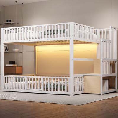 Stapelbed 140x200 cm - Wit stapelbed met opbergladder - Stapelbed met ledverlichting - 251 x 145 x 128,6 cm - Voor slaapkamer