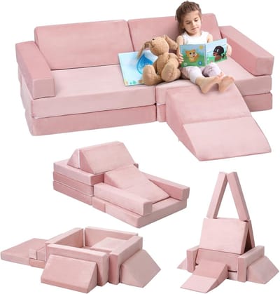 12-Delige Modulaire Speelbank voor Kinderen - Opvouwbare Kinderbank met Schuimblokken - Speelkussen Set - Zachte & Wasbare Hoes - Multi-Stijl - roze