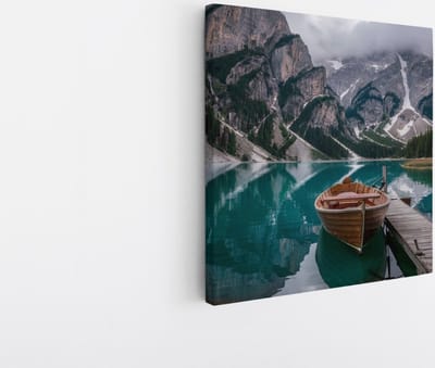 Saammp Canvas Schilderij - Boot in de dolomieten - Landschap - Natuur - 20x20 - Foto op canvas - Wanddecoratie - Muurdecoratie Woonkamer - Slaapkamer decoratie - Canvas Print