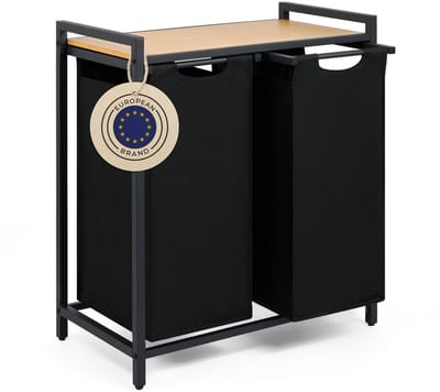 Blumtal Wasmand met 2 vakken - Wasmand met bamboe plank - Metalen frame - Wasmand met poten - Zwart