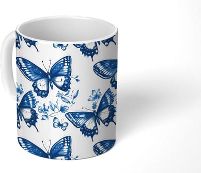 Mok - Koffiemok - Blauw - Vlinders - Bloemen - Wit - Mokken - 350 ML - Beker - Koffiemokken - Theemok