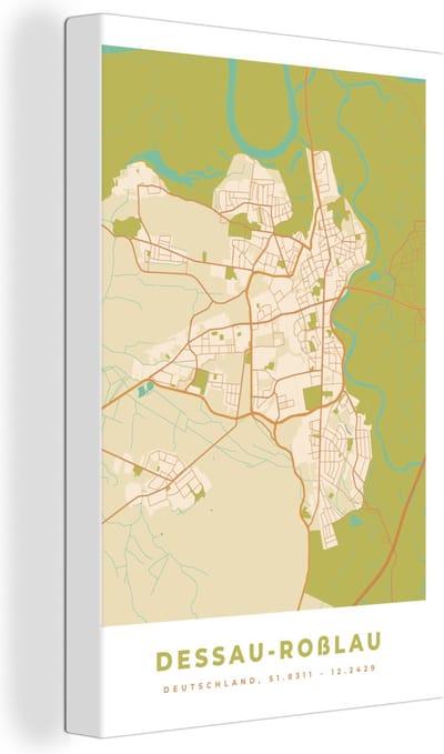 Canvas Schilderij Vintage - Kaart - Dessau-Roblau - Stadskaart - Plattegrond - 20x30 cm - Wanddecoratie