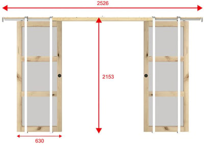 Vente-unique Dubbele schuifdeur met inbouwsysteem in hout en matgehard glas - 3 ramen - 2 x H205 x B63 cm - ACOSTA II
