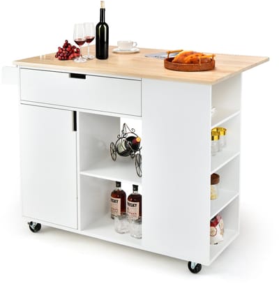COSTWAY Keukenwagen met uittrekbaar werkblad, serveerwagen op wieltjes, keukeneilandwagen, hout, keukenkast met planken & lade & kruidenrek, keukentrolley voor keuken eetkamer (wit)