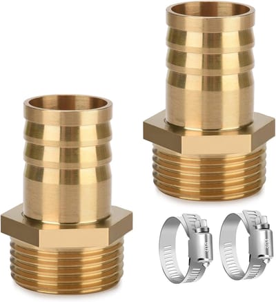 2 stuks messing slangtule 1 inch, slangschroefverbinding 1 inch AG x 32 mm (1 1/4 inch) met 2 slangklemmen, messing slangaansluiting, stekkeradapter, parallelle buitendraad, stekker voor tuinslang