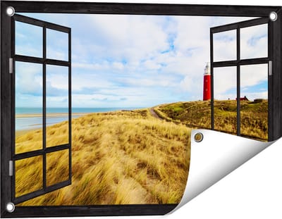 Gards Tuinposter Doorkijk Vuurtoren met Duinen in Texel - 60x40 cm - Tuindoek - Tuindecoratie - Wanddecoratie buiten - Tuinschilderij