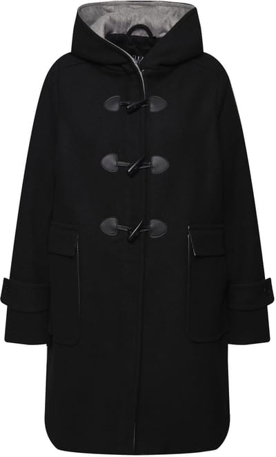 Ulla Popken - Dames - Duffelcoat A-lijn wolmix capuchon houtje-touwtjeknopen - Zwart - Maat 46+