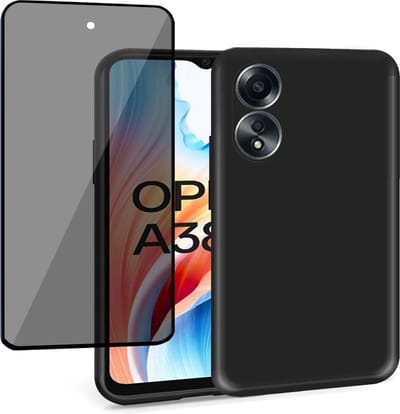 Geschikt voor OPPO A38 - Hoesje + Privacy Screenprotector – Privé Gehard Glas Cover - Suède Case Zwart
