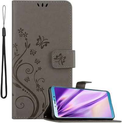 Cadorabo Hoesje geschikt voor Samsung Galaxy A6s in BLOEMEN GRIJS - Beschermhoes in bloemmotief met magnetische sluiting, standfunctie en kaartsleuven Book Case Cover Etui