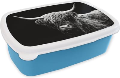 Broodtrommel Blauw - Lunchbox - Brooddoos - Schotse Hooglander - Koe - Zwart - Wit - Dieren - 18x12x6 cm - Kinderen - Jongen