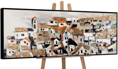 Canvas schilderij panoramisch handgeschilderd zonnige huisjes architectuur – YS-Art Gallery – Vrolijke wanddecoratie voor woonkamer – Modern schilderij voor hal en kantoor