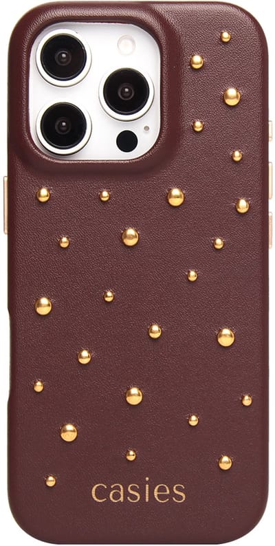 Casies studs hoesje geschikt voor iPhone 14 Pro - Dark brown - Vegan leer - Donkerbruin telefoonhoesje
