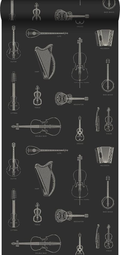 Origin Wallcoverings behang muziekinstrumenten zwart - 53 cm x 10.05 m - 347450