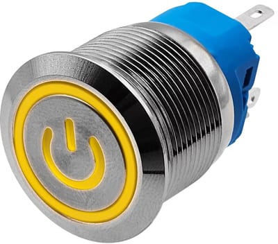 ProRide Metalen Pulsschakelaar 12V OFF-(ON) - 19mm - Momentschakelaar - Spatwaterdicht - 12V/24V - LED Indicatie Geel