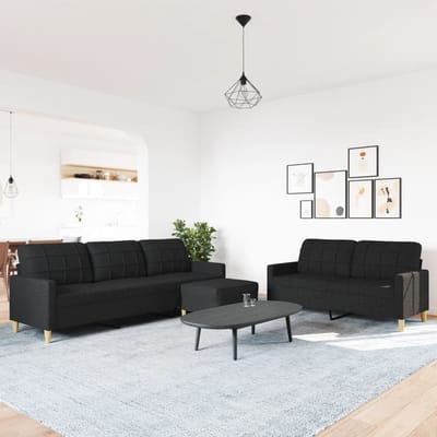vidaXL - 3-delige - Loungeset - met - voetenbank - stof - zwart
