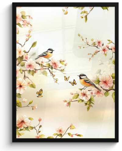Poster in lijst - Fotolijst 50x70 cm - Posters - Takken - Bloemen - Vogeltjes - Roze - Posterlijst zwart - Decoratie - Wanddecoratie woonkamer - Muurdecoratie slaapkamer