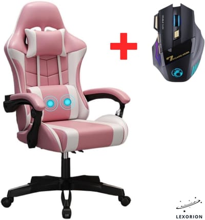 Lexorion Gaming Stoel – Ergonomische Gaming Chair – Inclusief RGB Gamingmuis – Verstelbaar – Lederen Gamestoel – 136 kg – Roze– Bureaustoel