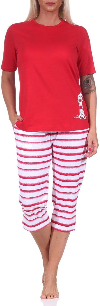 Maritieme dames capri pyjama met korte mouven, top met vuurtorenmotief, ook in overmaat