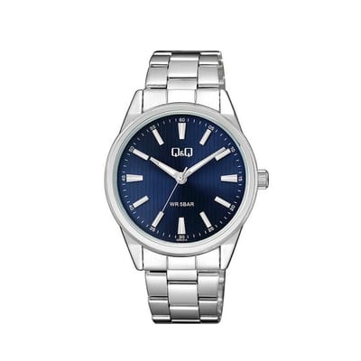 Q&Q QZ94J212Y - Horloge - Analoog - Mannen - Heren - Stalen band - Rond - Metaal - Streepjes - Zilverkleurig - Donkerblauw - 5 ATM