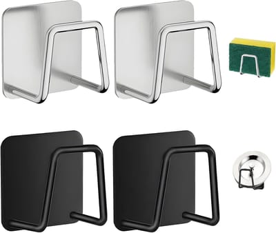 4 Stukjes Keuken Spons Houder - Roestvrijstalen Spons Houder - Zelfklevende Keuken Badkamer Opberging Zilver Zwart