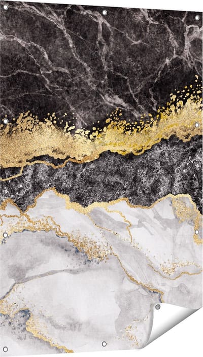 Gards Tuinposter Abstracte Kunst - Zwart met Witte Marmer - 80x120 cm - Tuindoek - Tuindecoratie - Wanddecoratie buiten - Tuinschilderij