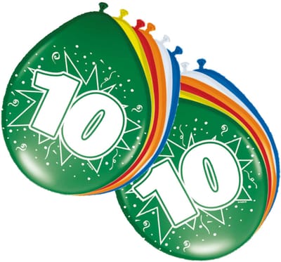 10 jaar verjaardag leeftijd ballonnen - 8x stuks - mix kleuren - feestartikelen/versiering
