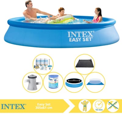 Intex Rond Opblaasbaar Easy Set Zwembad - 305 x 61 cm - Blauw - Inclusief Pomp - Solarzeil - Onderhoudspakket - Filter - Grondzeil - Solar Mat - 7-delig