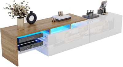 TV Meubel - Modern Design met LED - Glasbodems & Opbergruimte - Hout & Glas - Hoogglans Wit