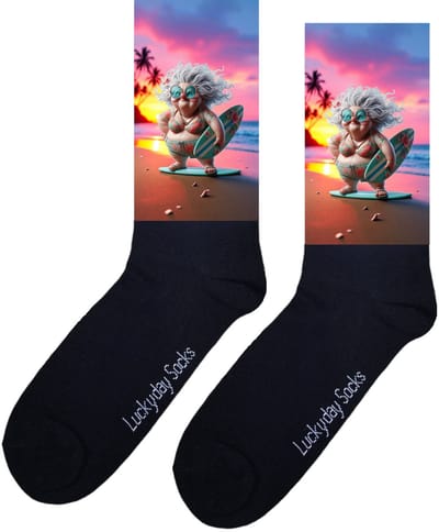 LuckyDay Socks - Pensioen - Surfplank - Gekke oma sokken - Verjaardag cadeau vrouw en man - Vrolijke sokken - Vakantie cadeau - Kerst sokken - Grappige sokken - Leuke dames en heren sokken - Moederdag - Vaderdag - Socks maken Happy - Maat 37-44