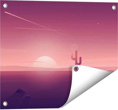Gards Tuinposter Zonsondergang in de Woestijn met een Cactus - 50x40 cm - Tuindoek - Tuindecoratie - Wanddecoratie buiten - Tuinschilderij
