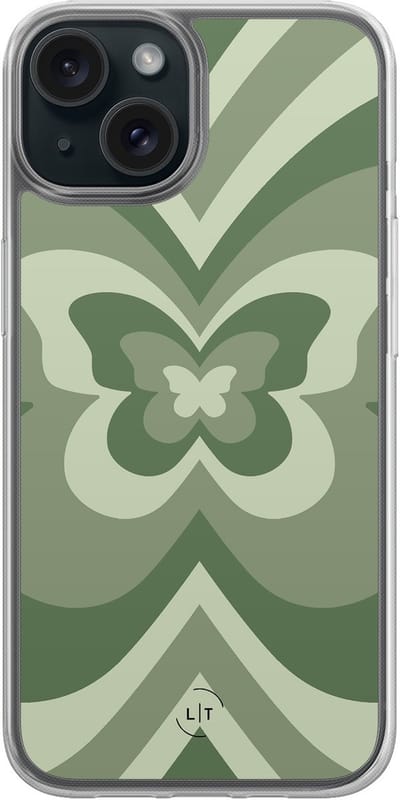 Hoesje geschikt voor iPhone 15 - Retro vlinder groen - 2in1 backcover - Print / Illustratie - Groen - Leuke Telefoonhoesjes