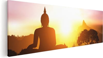 Artaza Canvas Schilderij Zonsondergang - 60x20 cm - Wanddecoratie Boeddha - Muurdecoratie Bergen - Kamer Accessoires Spiritueel