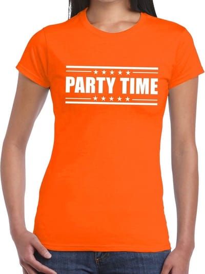 Party time tekst t-shirt - oranje - voor dames - koningsdag - supoorters - sport - kleding XS