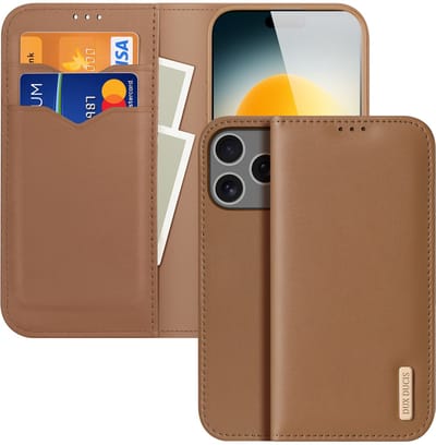 Dux Ducis Hoesje - Geschikt voor iPhone 17 Pro Hoesje - Dux Ducis Hivo - Genuine Leather Book Case - Bruin