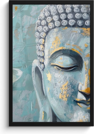 Poster in lijst - Fotolijst 40x60 cm - Posters - Boeddha - Bloem - Lotus - Goud - Blauw - Posterlijst zwart - Decoratie - Wanddecoratie woonkamer - Muurdecoratie slaapkamer
