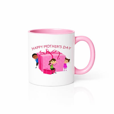 Happy Mother's Day Mok met Kinderen en Cadeau – 330ml Keramische Koffiebeker – Moederdag Cadeau – Roze/Wit