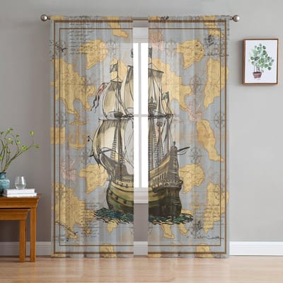 Routes Zeilboten Ankers Transparante Voile Raamgordijnen Tule Gordijnen Woonkamer Balkon Decoratie Drapes 135W x 114H(cm) gray