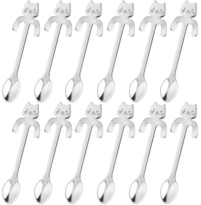 12x Theelepel / Koffielepel Hangende Kat - Zilver - 12 Stuks