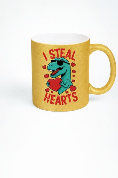 Gouden Glitter T-Rex Mok - 'I Steal Hearts' Dinosaurus Beker - Grappig Valentijn Cadeau