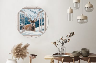 WallCircle - Wandcirkel - Muurcirkel - Hert - Winterlandschap - Natuur - Dieren - Doorkijk - Bergen - Aluminium - Dibond - 90x90 cm - Binnen en Buiten