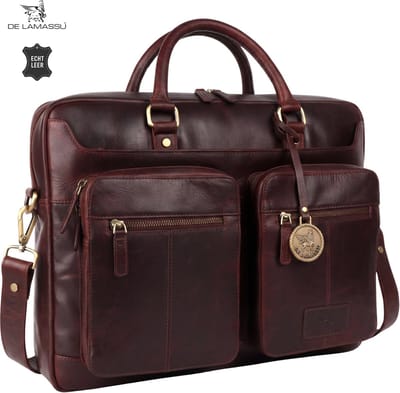 DE LAMASSU® (Celina) Leren laptoptas van echt leer (16 inch), zakelijke unisex schoudertas met laptopvak, ritsvakken, zwart