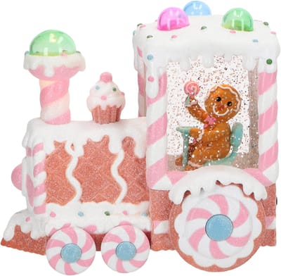 Viv! Christmas Kerst Sneeuwbol incl. LED - Gingerbread Trein met Peperkoekmannetje - automatisch - pastel roze - 18cm