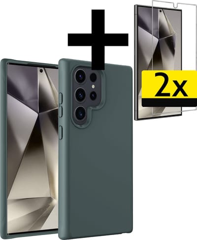 Hoesje - Met 2x Screenprotector - Geschikt voor Samsung Galaxy S24 Ultra - Sterk & Shockproof - Back Cover - Siliconen Case - Telefoon Hoes - Telefoonhoesjes - Donkergroen