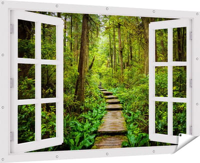Gards Tuinposter Doorkijk Voetpad in het Bos met Groene Planten - 180x120 cm - Tuindoek - Tuindecoratie - Wanddecoratie buiten - Tuinschilderij