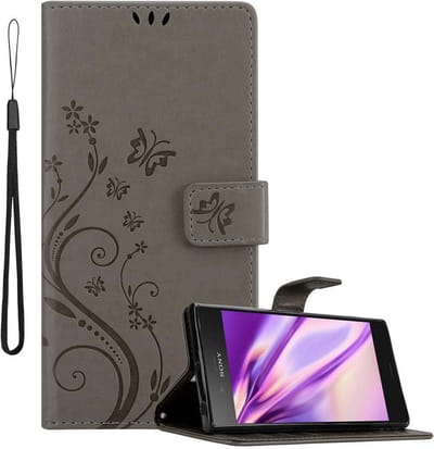 Cadorabo Hoesje geschikt voor Sony Xperia XZ1 in BLOEMEN GRIJS - Beschermhoes in bloemmotief met magnetische sluiting, standfunctie en kaartsleuven Book Case Cover Etui