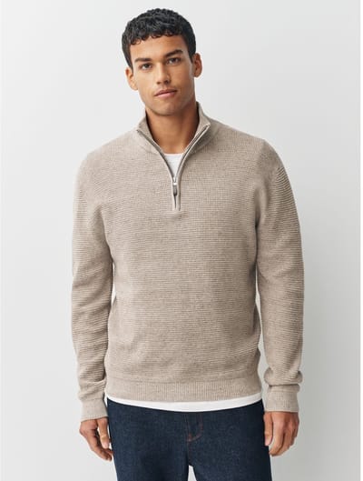 Next - Heren - Effen - Regular Fit 100% Cotton Textured Premium Quarter Zip Jumper - Naturel