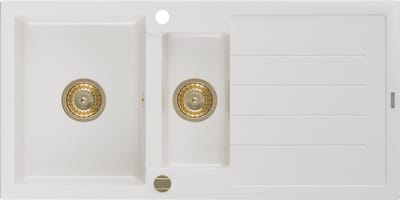 Mexen Andres granieten gootsteen 1,5-komoret met afdruiprek 1000 x 500 , wit, gouden sifon - 6515101510-20-G